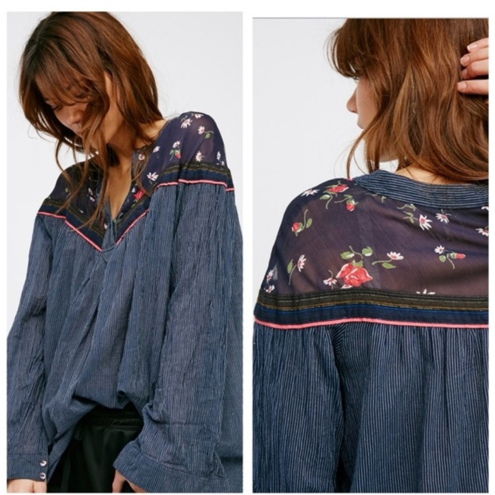 Free People Navy Floral Yoke Peasant Blouse